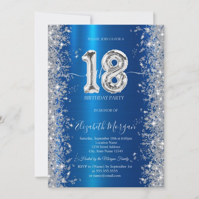 Silver Sparkle Diamonds Royal Blue 18. Geburtstag Einladung (Vorderseite)