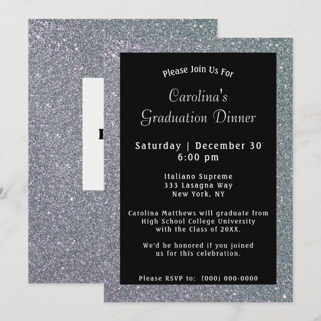 Silver Sparkle Dinner Black Abschluss Einladung (Vorne/Hinten)