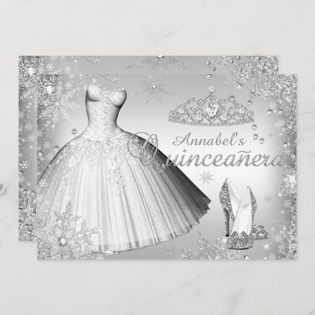 Silver Sparkle Dress & Tiara Quinceanera Einladung (Vorne/Hinten)