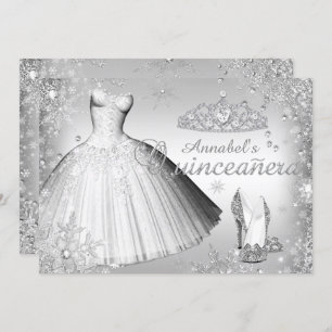 Silver Sparkle Dress & Tiara Quinceanera Einladung