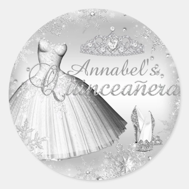 Silver Sparkle Dress & Tiara Quinceanera Sticker (Vorderseite)