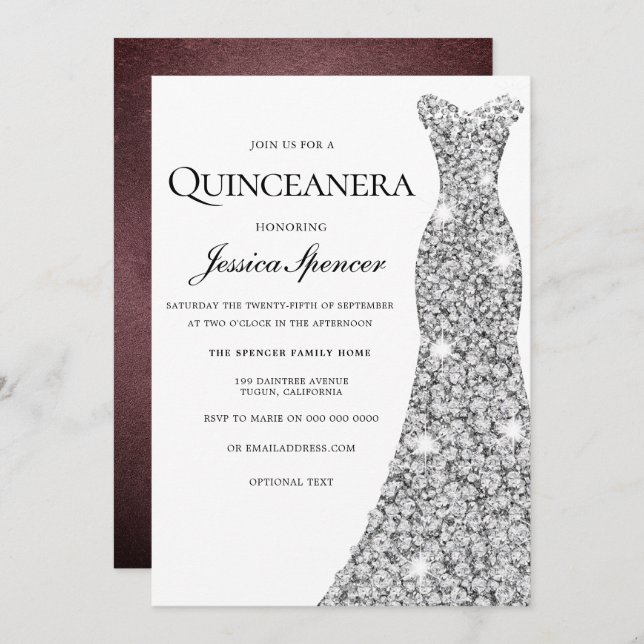 Silver Sparkle Dress Velvet Quinceanera Einladung (Vorne/Hinten)