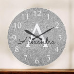 Silver Sparkle Glitter Monogram Name & Initial Große Wanduhr<br><div class="desc">Silver Sparkle Glitter Monogram Name and Initial Serving Wall Clock. The Wall Clock makes the perfect gift for someone who loves silver sparkle glitter.</div>