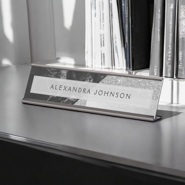 Silver Sparkle Glitzer Foil and Black Marble Schreibtischnamensplakette (Von Creator hochgeladen)