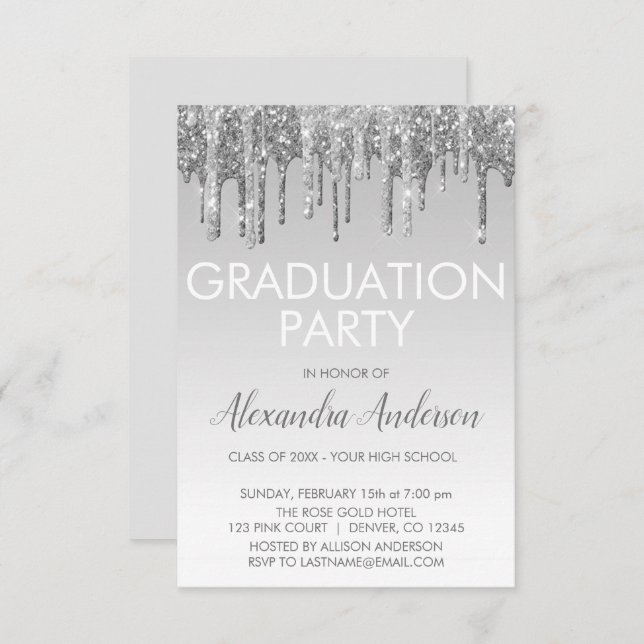 Silver Sparkle Glitzer Graduation Party Einladung (Vorne/Hinten)