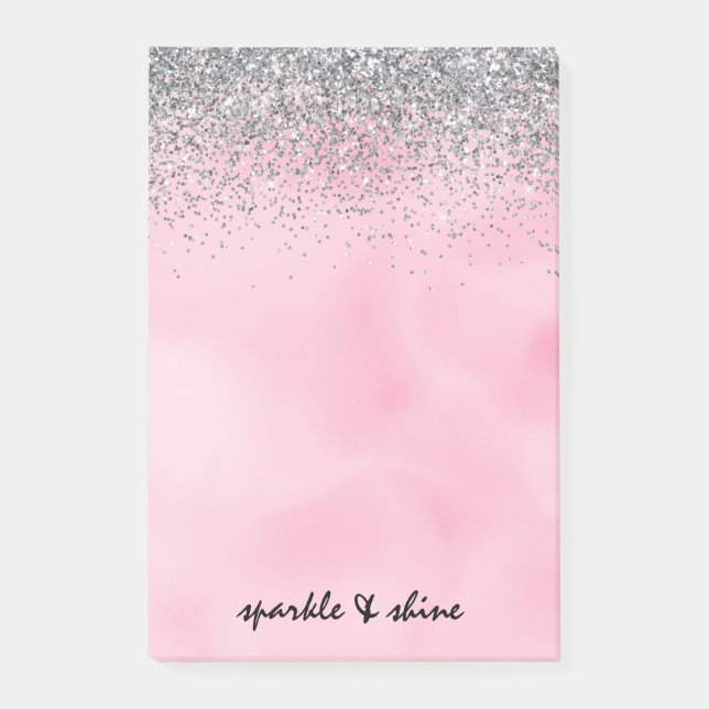 Silver Sparkle Glitzer Pink Watercolor Post-it Klebezettel (Vorderseite)