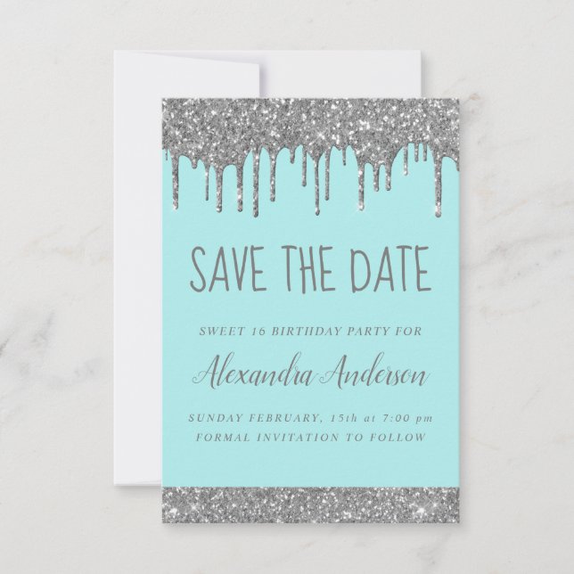 Silver Sparkle Glitzer Sweet 16 Save the Date Einladung (Vorderseite)