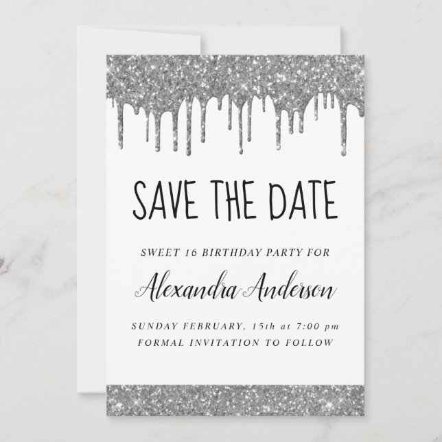Silver Sparkle Glitzer Sweet 16 Save the Date Einladung (Vorderseite)