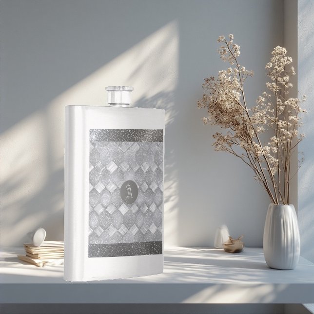 Silver Sparkle Luxury Topography Metallic Monogram Flachmann (Silver Sparkle Luxury Topography Metallic Monogram Flask)