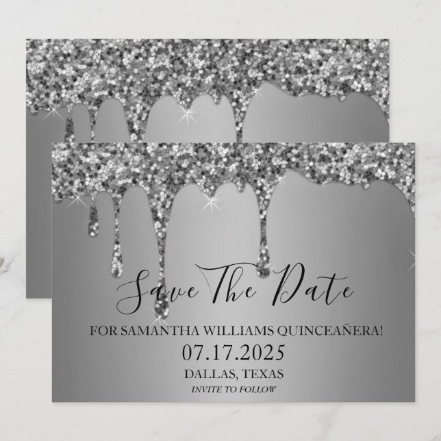 Silver Sparkle Luxus Glitzer Tropfen Quinceanera Save The Date (Vorne/Hinten)