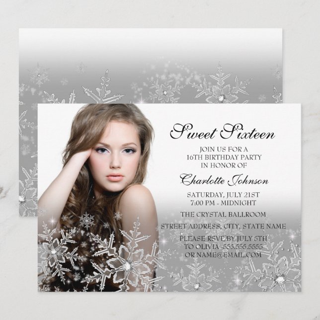 Silver Sparkle Snowflake Foto Sweet 16 Einladung (Vorne/Hinten)