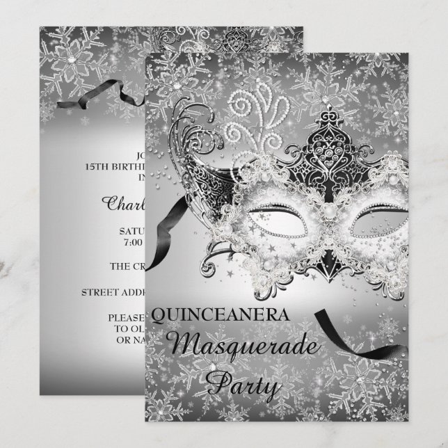 Silver Sparkle Snowflake Masquerade Quinceanera Einladung (Vorne/Hinten)
