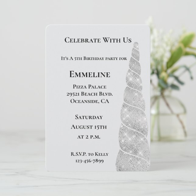 Silver Sparkle Unicorn Geburtstag Einladung (Stehend Vorderseite)