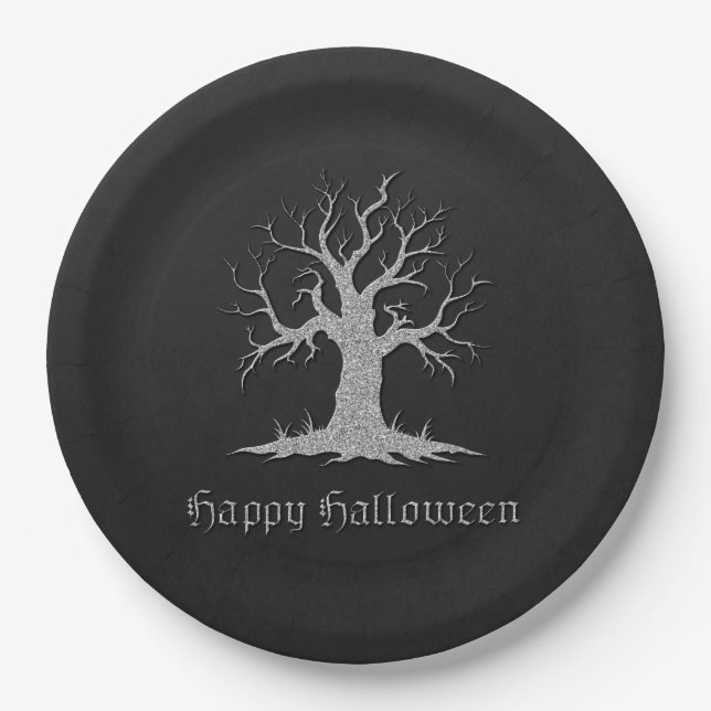 Silver Spooky Tree Halloween Pappteller (Vorderseite)