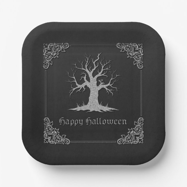 Silver Spooky Tree Halloween Pappteller (Vorderseite)