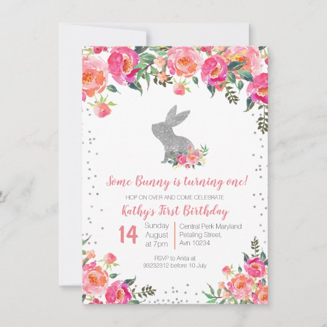 Silver Spring Bunny Birthday Floral Einladung (Vorderseite)