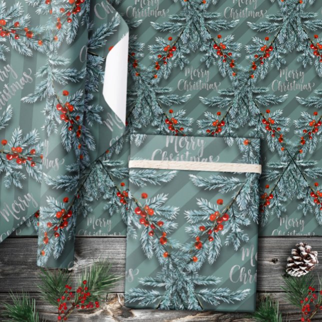 Silver Spruce Red Berries Lattice Frohe Weihnachte Geschenkpapier (Von Creator hochgeladen)