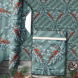 Silver Spruce Red Berries Lattice Strichen Geschenkpapier