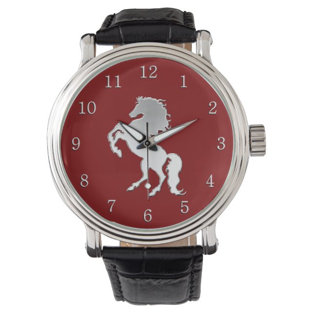 Silver Stallion auf Rot Armbanduhr (Vorderseite)
