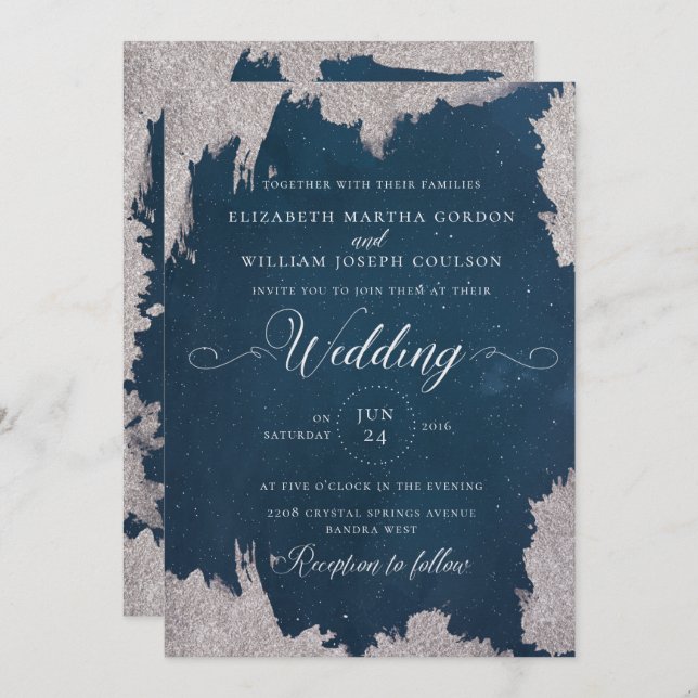 Silver Star Celestial Winter Wedding Card Einladung (Vorne/Hinten)