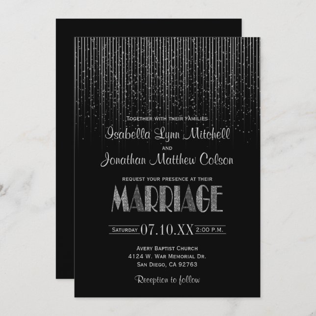 Silver Star Rain Dusche & Black Wedding Einladung (Vorne/Hinten)
