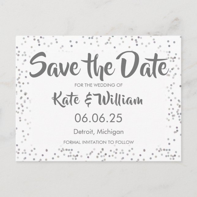 Silver Stardust Confetti Save the Date Ankündigungspostkarte (Vorderseite)
