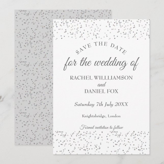 Silver Stardust Confetti Save the Date Karte (Vorne/Hinten)