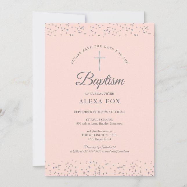 Silver Stardust Taufe Christening Blush Pink Save The Date (Vorderseite)