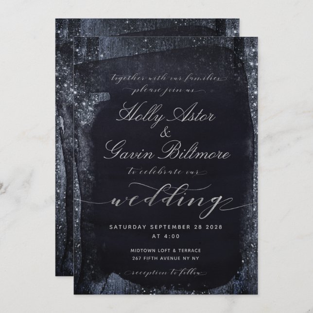 Silver Starry Night Wedding 2 Invitation Suite Einladung (Vorne/Hinten)