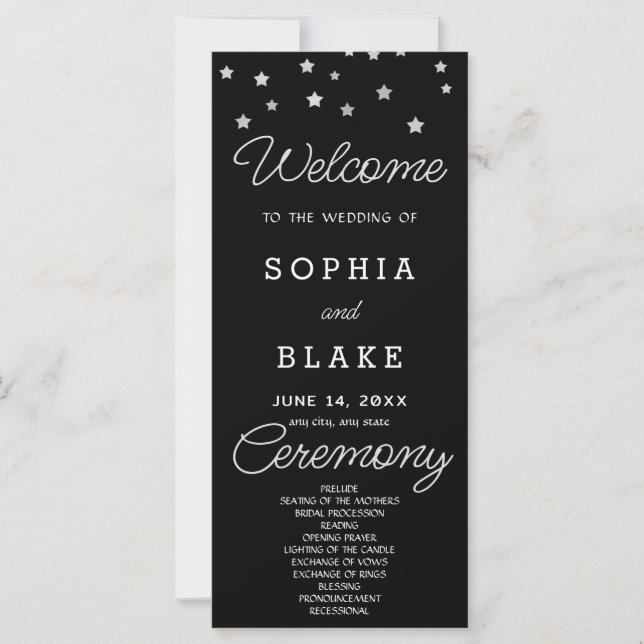 Silver Stars Celestial Black Wedding Program (Vorderseite)