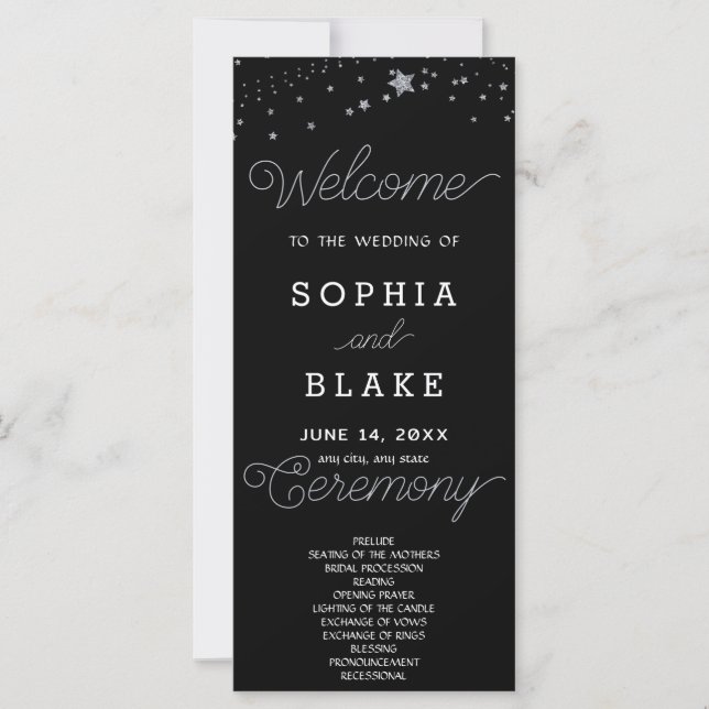 Silver Stars Celestial Black Wedding Program (Vorderseite)
