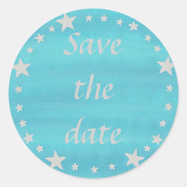 Silver Stars Circle auf blauen Save the Date Aufkl Runder Aufkleber (Vorderseite)