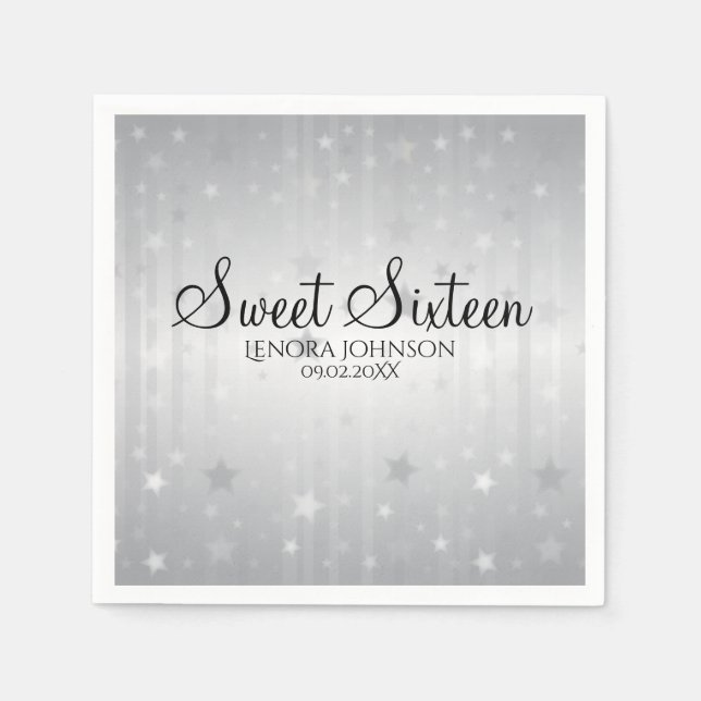 Silver Stars Elegantes 16 . Geburtstag Party Serviette (Vorderseite)