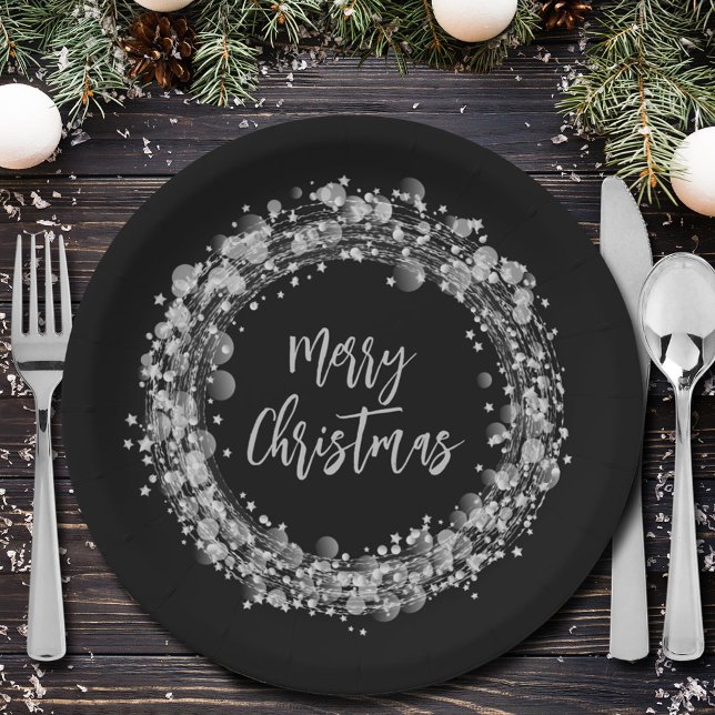 Silver Stars Frohe Weihnachten Pappteller (Silver Stars Merry Christmas on Black Paper Plates)
