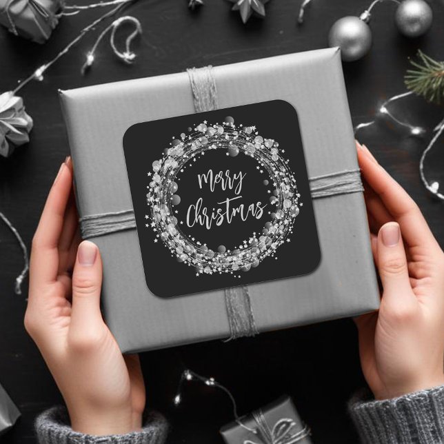 Silver Stars Frohe Weihnachten Quadratischer Aufkleber (Silver Stars Merry Christmas Round 3" Stickers)