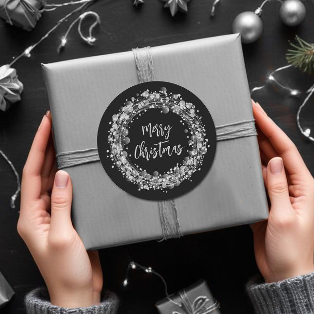 Silver Stars Frohe Weihnachten Runder Aufkleber (Silver Stars Merry Christmas Classic Round 3" Stickers)