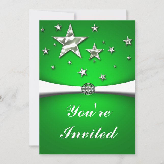 Silver Stars Green Party Einladung (Vorderseite)