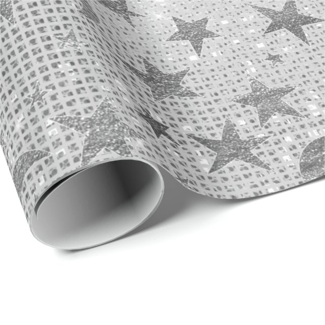 Silver Stars Moon Celestial Sky Sequin Gray VIP Geschenkpapier (Rolleneckpunkt)