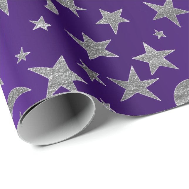 Silver Stars Moon Sky Metallic Lila Amethyst Geschenkpapier (Rolleneckpunkt)