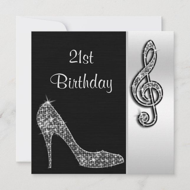 Silver Stiletto & Treble Cleft 21. Geburtstag Einladung (Vorderseite)