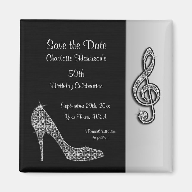 Silver Stiletto & Treble Cleft 50. Save the Date Magnet (Vorne)