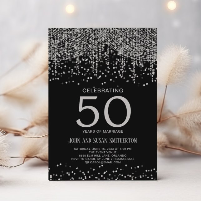 Silver String Light Glitzer Black 50 Jahre alt Einladung (Elegant silver and black 50th anniversary invitation)
