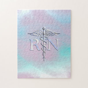 Silver Style RN Caduceus Medical Mother Pearl Puzzle