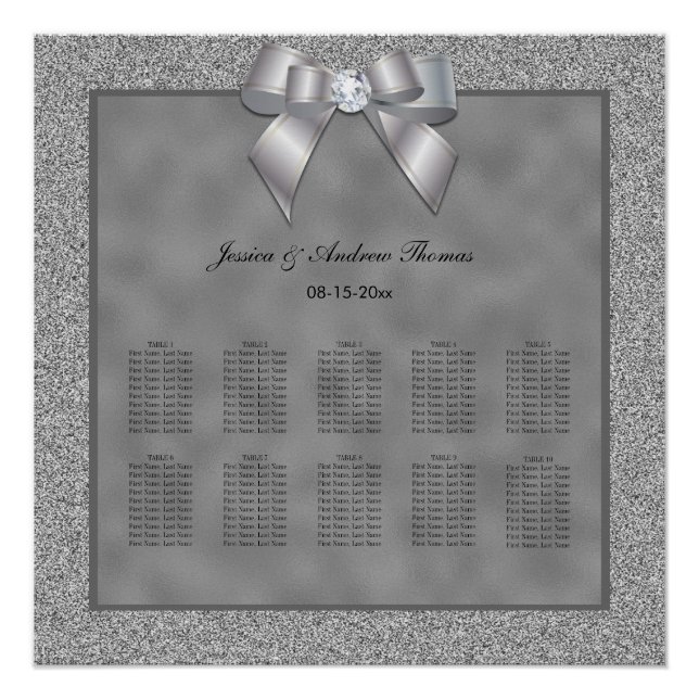 Silver & Stylish Glitzer Wedding Seating Chart (Vorderseite)