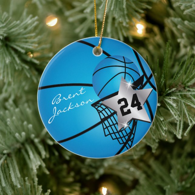 Silver Superstar Basketball | DIY Text | Blau Keramik Ornament (Baum)