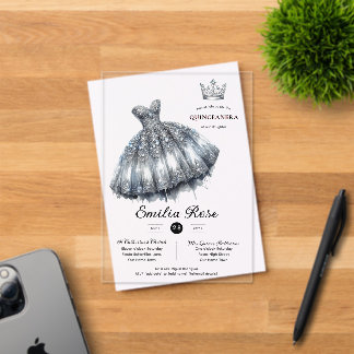 Silver Sweet15 QUINCEANERA Diamant Dress Butterfly Acryleinladungen