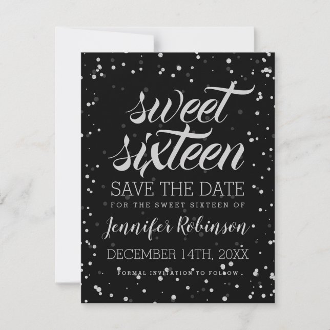 Silver Sweet16 Rett Date Glitzer Sparkle Confetti Save The Date (Vorderseite)