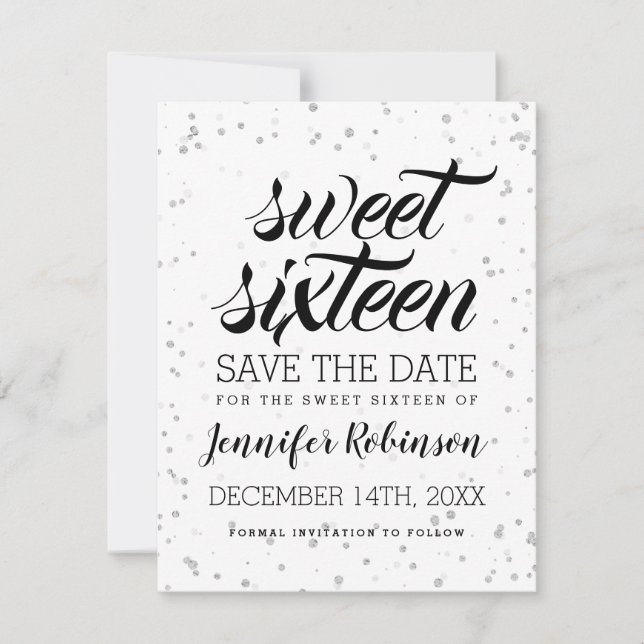 Silver Sweet16 Rett Date Glitzer Sparkle Confetti Save The Date (Vorderseite)