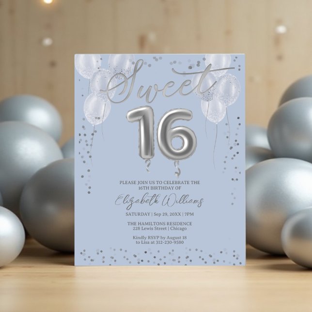Silver Sweet 16 Balloons Blue Budget Einladungen (Von Creator hochgeladen)