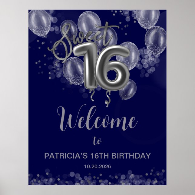 Silver Sweet 16 Balloons Royal Blue Begrüßungszeic Poster (Vorne)